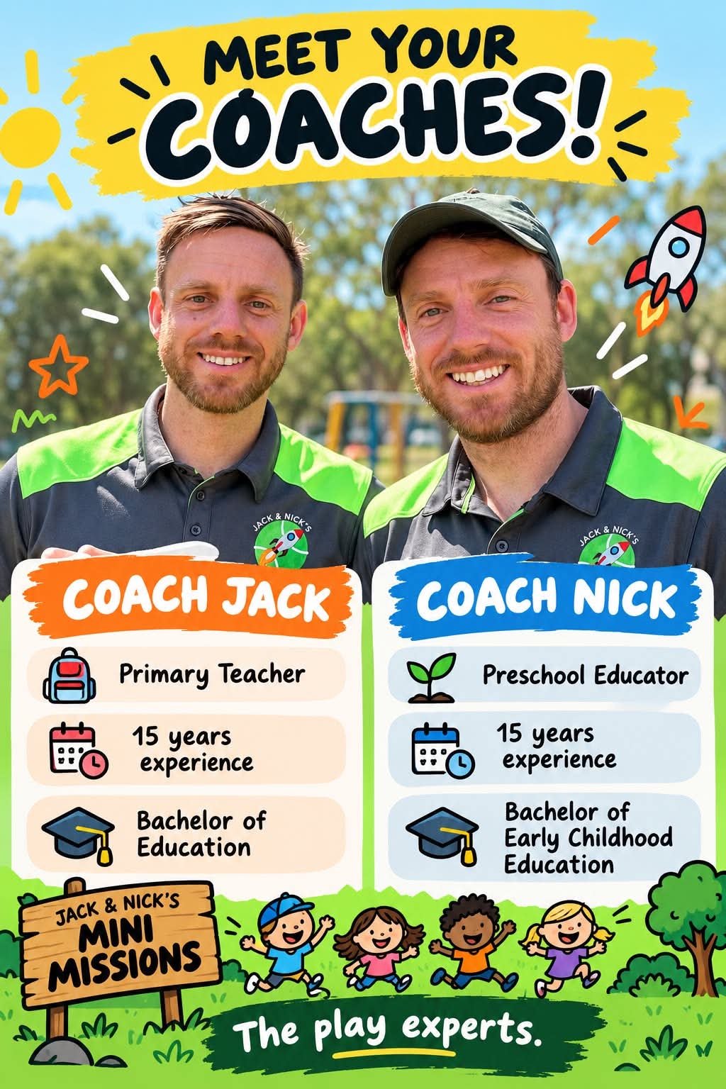 Meet your coaches poster. Coach Jack: primary teacher, 15 years experience, Bachelor of Education. Coach Nick: preschool educator, 15 years experience, Bachelor of Early Childhood Education. The play experts.